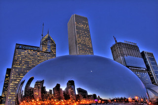 Anish Kapoor's" Bean" and some Chicago skyscrapers (photo via flickr.com/papalars)