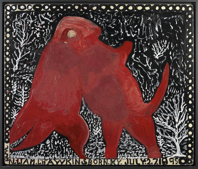 William Hawkins, "Two Dinosaurs Wrestling" (1989), Enamel and collage on Masonite, 48 x 60 in; 121.9 x 152.4 cm (All images courtesy Ricco/Maresca Gallery, New York)