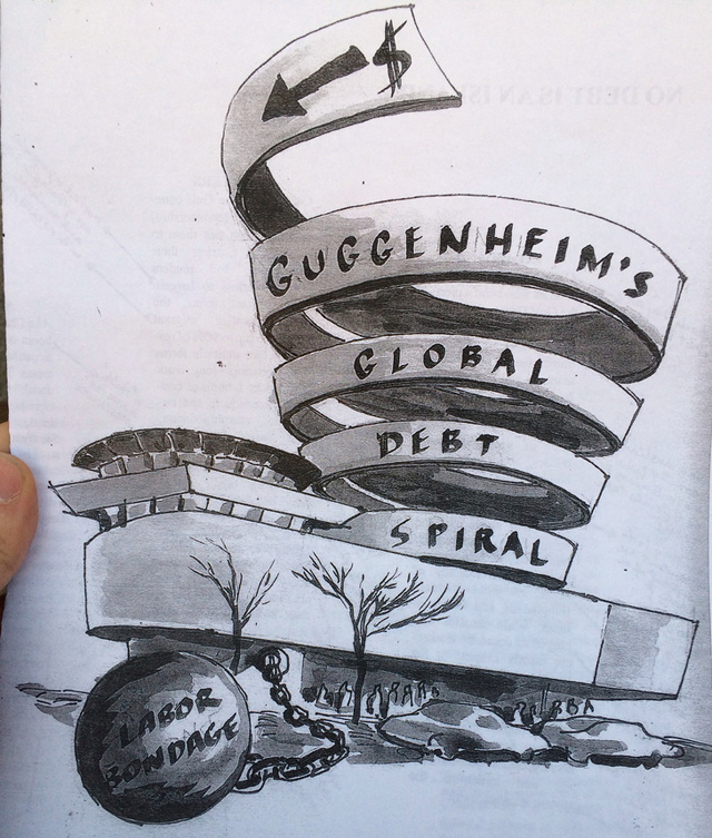The front cover of an informational brochure distributed during the February 22nd intervention. It was designed by Noah Fischer of Occupy Museums. (photo by the author for Hyperallergic)